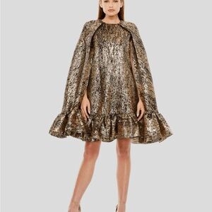 Mac Duggal High Neck Cape Sleeve Metallic Trapeze Dress in Bronze